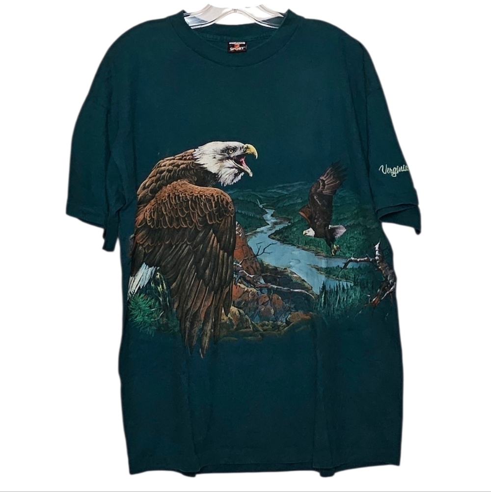 Vintage Teal Green All Over Nature Print Bald Eagles Cotton T-shirt men's large